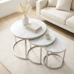 Milan 3-Piece Nesting Coffee Tables, White Marble Effect & Chrome Base