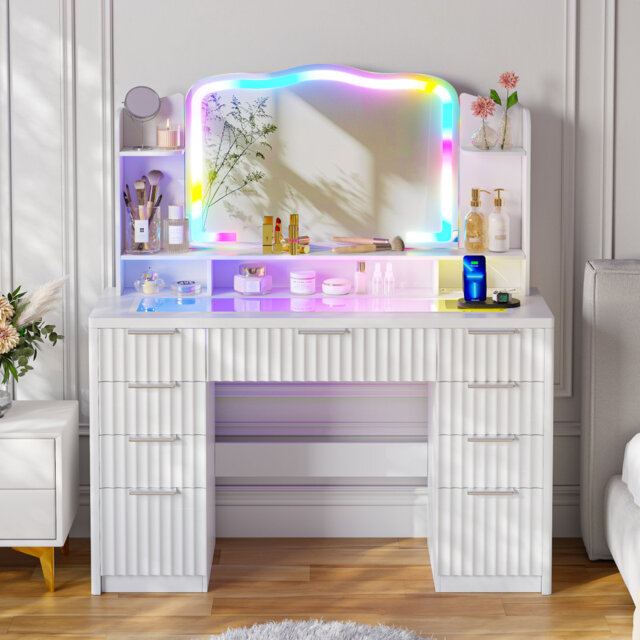 Modern Large Dressing Table with 9 Drawers, Tempered Glass Top, RGB Light Mirror, and Charging Station