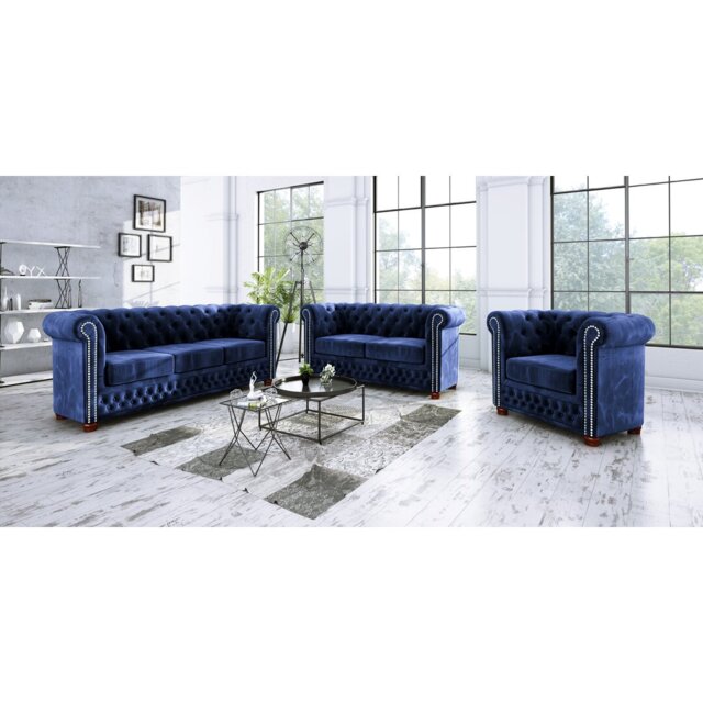 Chesterfield  Sofa Set 3+2+1 Made of Velvet Fabric with Solid Wood Legs