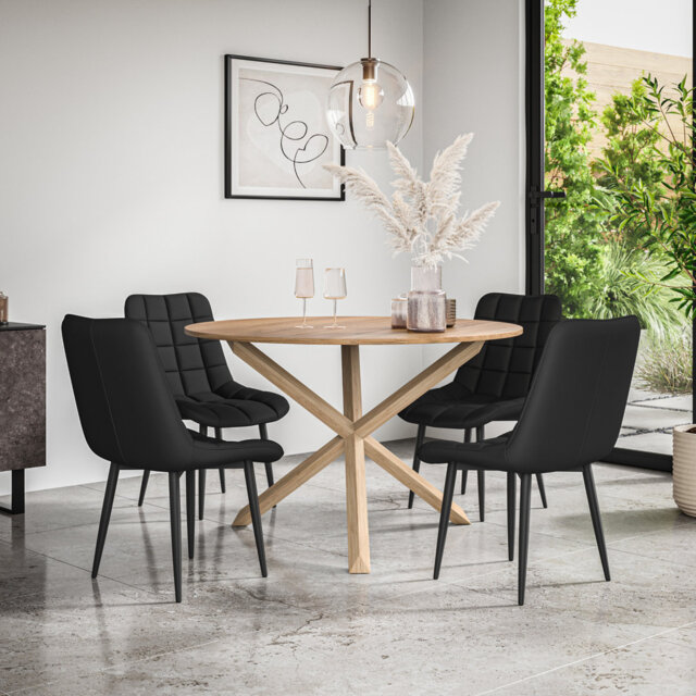 Malvern Round Dining Table And Chairs - Table Top w Legs + Nova Faux Leather Dining Chair Set Of 4