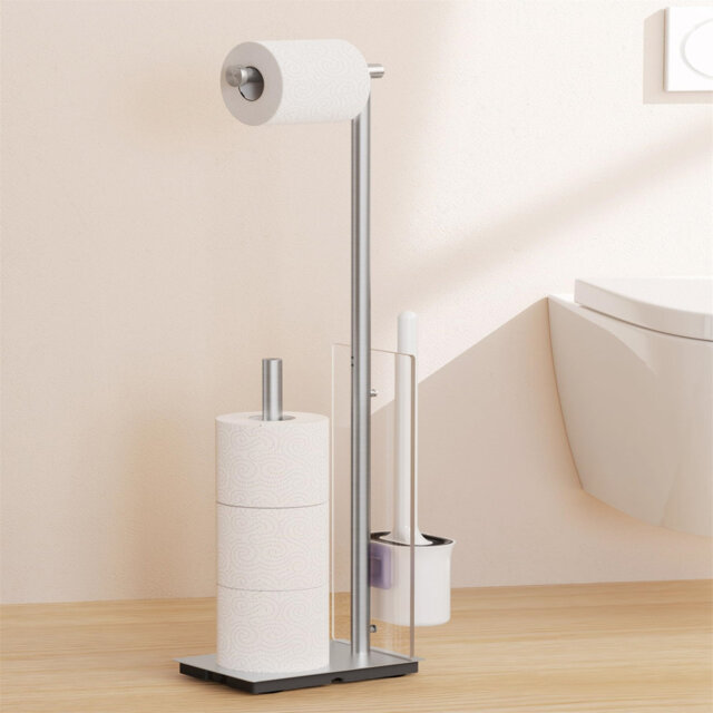 Free Standing Toilet Roll Holder With Toilet Brush Detachable, Toilet Roll Stand Stainless Steel Toilet Paper Holder Freestanding Brushed