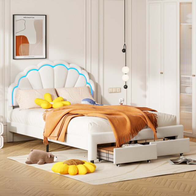 Single Bed Frame Kids Bed With LED, Soft Velvet Upholstered Bed With Petal Shaped Adjustable Height Headboard, Platform Bed Frame With Solid Wood Slat