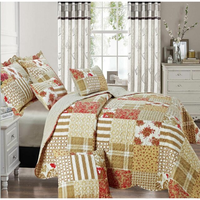 Printed Bedspread Set with Vintage Floral Patchwork Design, Soft Microfiber Coverlet Set with Matching Pillow Shams for All Seasons