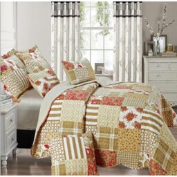 Printed Bedspread Set with Vintage Floral Patchwork Design, Soft Microfiber Coverlet Set with Matching Pillow Shams for All Seasons