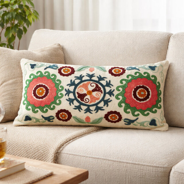 Cotton Floral Aari Embroidered Lumbar Cushion - 35 x 60 cm
