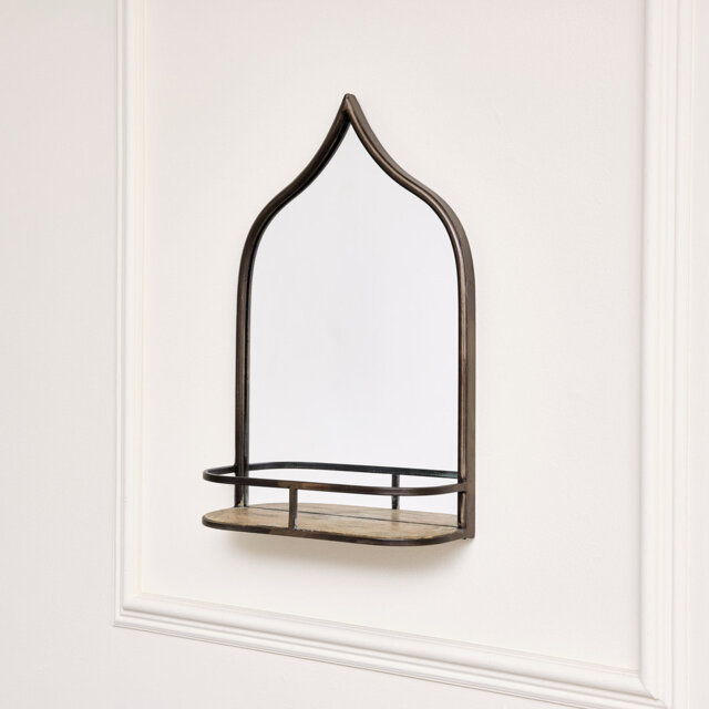 Rustic Metal Arched Mirrored With Gold Shelf - 48Cm X 30Cm