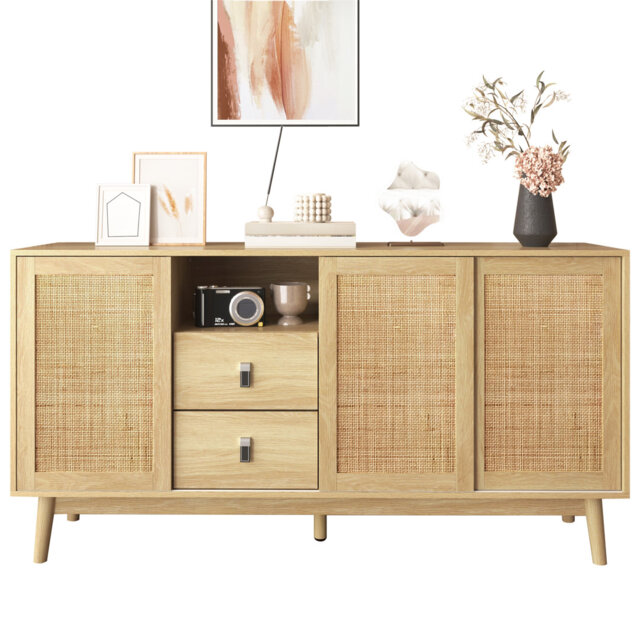 Sideboard with 3 rattan doors and 2 drawers