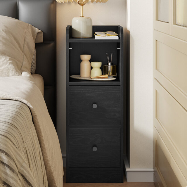 Slim Bedside Tables Set of 2, Narrow Side Table with 2 Drawers, Bedside Cabinet with Open Compartment, Adjustable Drawer Position for Bedroom, Living