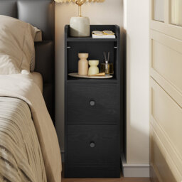 Slim Bedside Tables Set of 2, Narrow Side Table with 2 Drawers, Bedside Cabinet with Open Compartment, Adjustable Drawer Position for Bedroom, Living