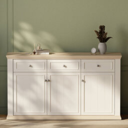 Rosswell Modern cottage style sideboard with 3 drawers and 3 doors, engineered wood, light grey/light oak decor, 169.2 cm W x 95.4 cm H x 43.5 cm D