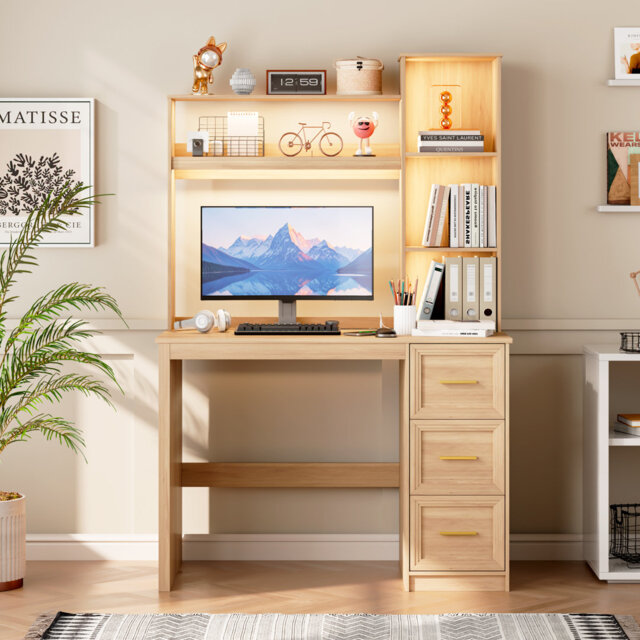 Computer Desk with Power Outlet and Tri-Color Light, Home Desk with Shelves and Drawer