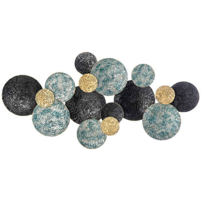 Large 133cm Abstract 3D Metal Wall Art – Blue Black Gold Circle Disc Sculpture for Living Room, Dining Room or Open-Plan Space