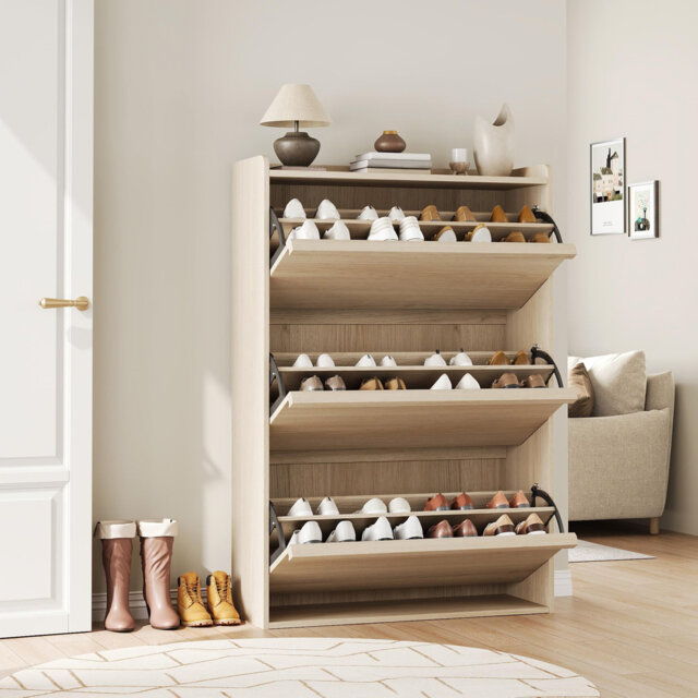 Modern Narrow Shoe Cabinet – Wooden Freestanding Shoe Storage Organizer with 2 or 3 Turnover-flop Drawers, Adjustable Shelves, Space-Saving Design for