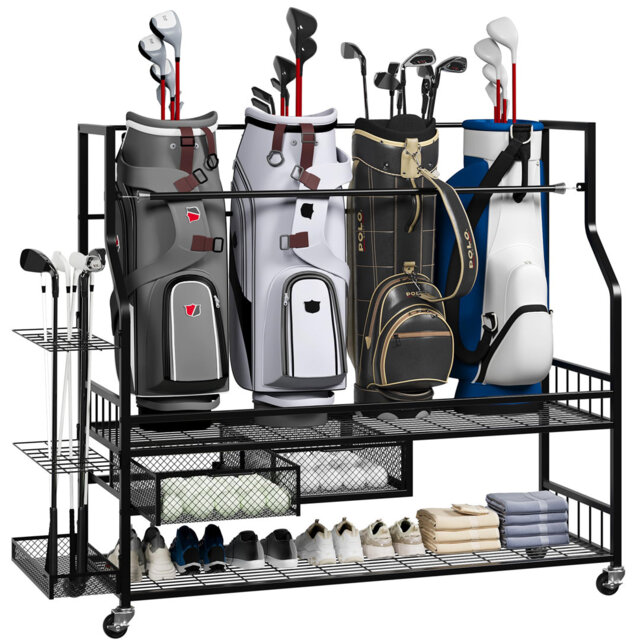 Golf Bag Storage Rack with Wheels, Golf Equipment Organizer with Drawer for Garage, Clubs, Balls & Accessories, Portable Golf Equipment Cart