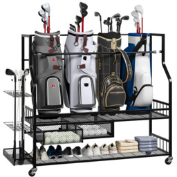Golf Bag Storage Rack with Wheels, Golf Equipment Organizer with Drawer for Garage, Clubs, Balls & Accessories, Portable Golf Equipment Cart