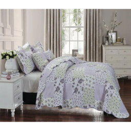 Printed Bedspread Set Dmask Pattern with Matching Pillow Shams, Soft Microfiber Coverlet, Lightweight & All-Season Bedding