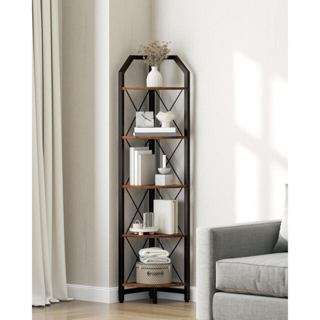 "59.4"" Corner Shelf, 5-Tier Industrial Corner Bookshelf, Corner Storage Stand, Bookcase For Bedroom, Living Room, Home Office, Rustic Brown And Black"