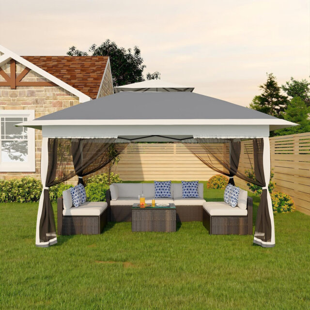 3x3m Pop Up Gazebo, Double-roof Garden Tent with Mosquito Net, 4 Sandbags and Carry Bag, Instant Canopy Tent, Height Adjustable, Outdoor Garden Shelte