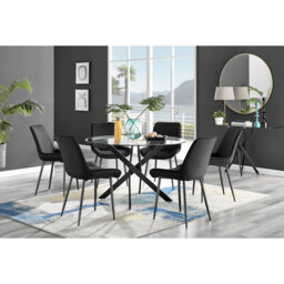 Tierra Modern Chrome Metal & Glass Round Dining Table Set with 6 Luxury Faux Leather Chairs
