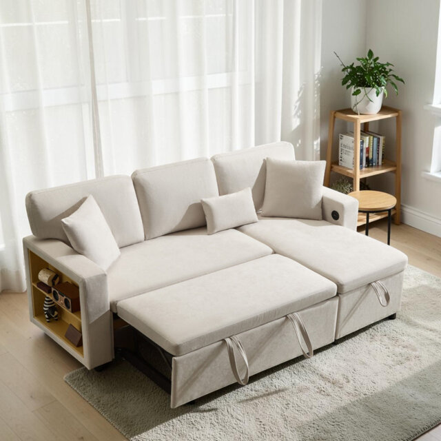 Beige Grey Oxford Cloth Fabric 3 Seater Corner L-Shaped Sofa Bed Couch , Pull Out Sectional Couch Bed with Open Storage, Bed Box and Integrated Shelf