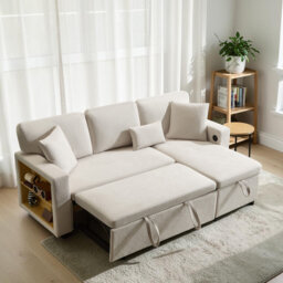 Beige Grey Oxford Cloth Fabric 3 Seater Corner L-Shaped Sofa Bed Couch , Pull Out Sectional Couch Bed with Open Storage, Bed Box and Integrated Shelf
