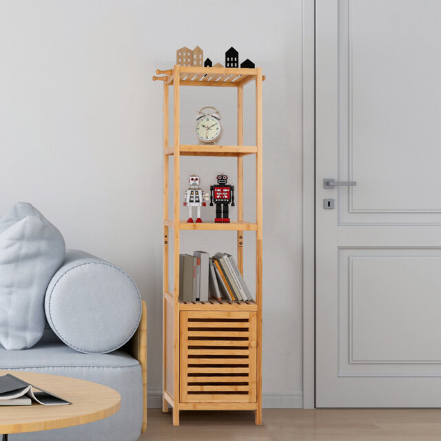 Bamboo Bathroom Floor Cabinet Tall Cupboard Storage Organizer With Door And 4 Open Shelves