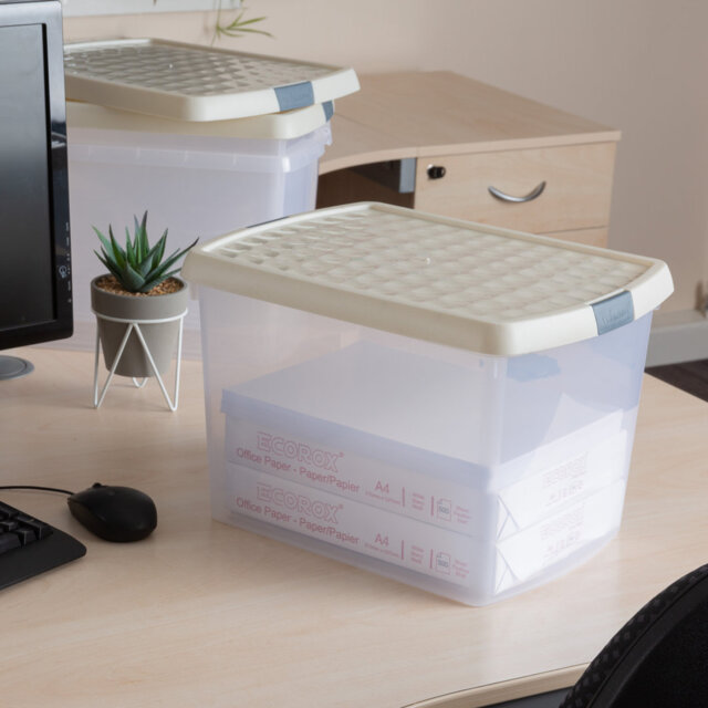 Wham Clip 21.5L Rectangular Plastic Storage Boxes with Secure Clip Lock Lids. L:39 x W:29 x H:25.5cm Clear/Stone/Slate Grey