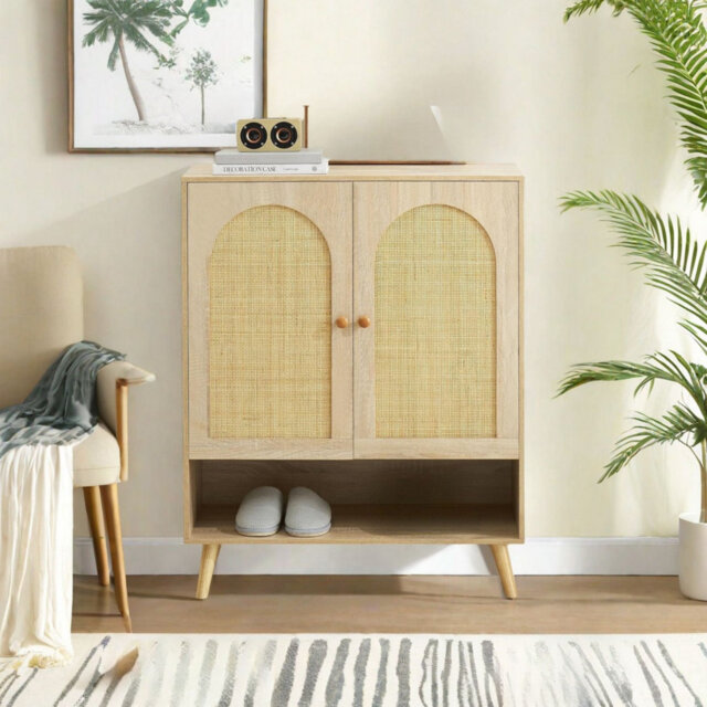 Sideboard Buffet Cabinet With 2 Rattan Doors, Storage Cabinet With 4-tier Adjustable Shelves