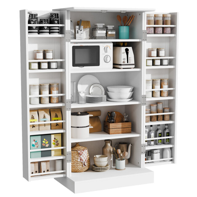 "47"" Tall Kitchen Pantry Cabinet, Snow-white Pantry Storage Cabinet With Adjustable Shelves, Barn Doors And Drawer Farmhouse Cupboard For Kitchen, Dini"