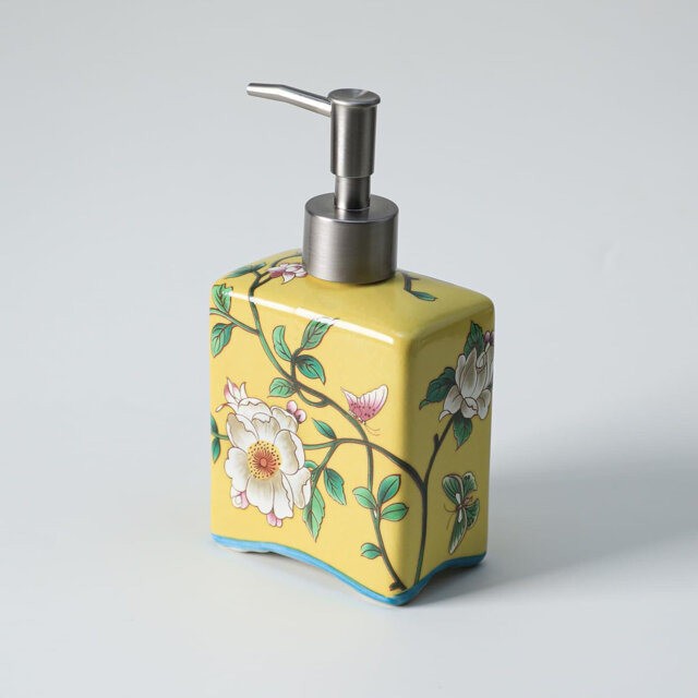 13oz Yellow Ceramic Soap Dispenser - Flower Pattern Lotion Bottle with Removable Pump - for Kitchen/Bathroom Soap & Oils