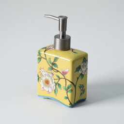 13oz Yellow Ceramic Soap Dispenser - Flower Pattern Lotion Bottle with Removable Pump - for Kitchen/Bathroom Soap & Oils
