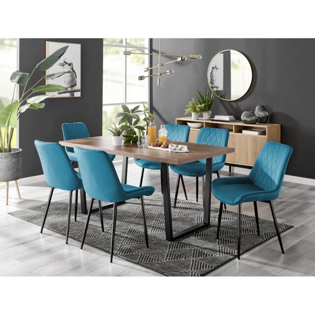 Kylooe Modern Brown Wood And Black Metal Dining Table Set With 6 Luxury Velvet Dining Chairs