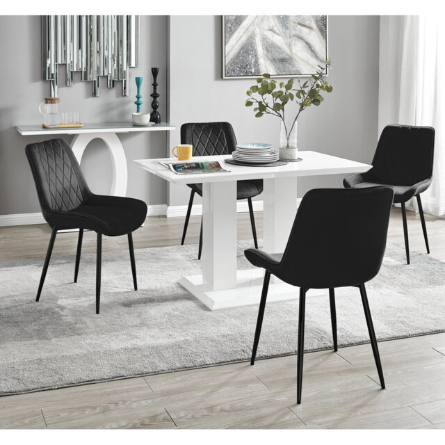 Edzard Double Pedestal High Gloss Dining Table Set with 4 Luxury Velvet Dining Chairs