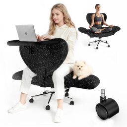 Office Chair with Laptop Tray, Criss Cross Chair with Flip Arms & Wheels, Ergonomic Cross Legged Office Chair, Gliter Fabric Wide Seat Reclining Desk