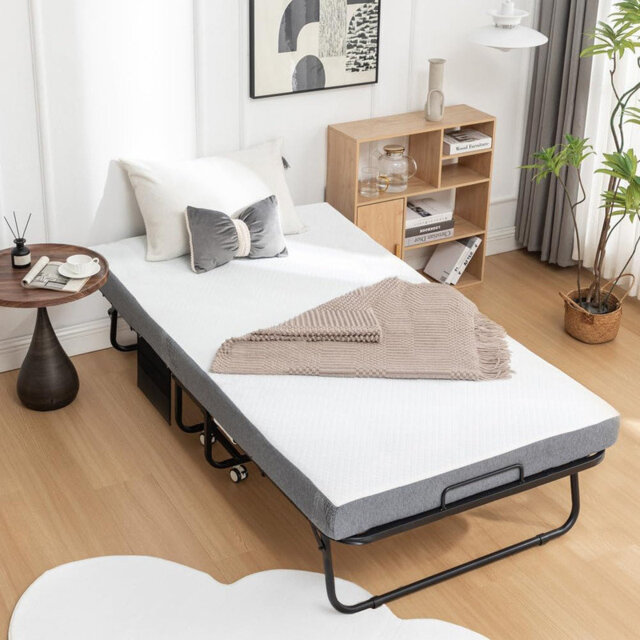 "Folding Bed with Mattress, Portable Foldable Bed with 5"" Memory Foam Mattress and Metal Frame for Adults, Roll Away Guest on Wheels"