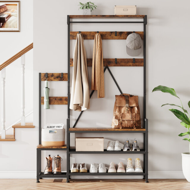 Coat Rack with Shoe Storage Bench, Coat and Shoe Rack with 3-Tier Storage Bench, 5-in-1 Hall Tree with Hooks, Hanging Bar, Storage Cubbies & Top Shelf