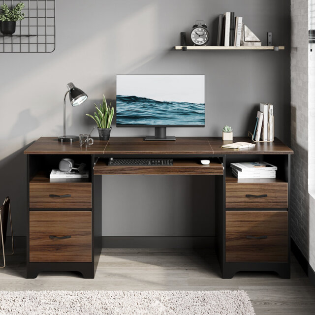 59'' Executive Desk With 2 File And Storage Drawers, Computer Writing Desk With Keyboard Tray And 2 Open Compartments For Home Office