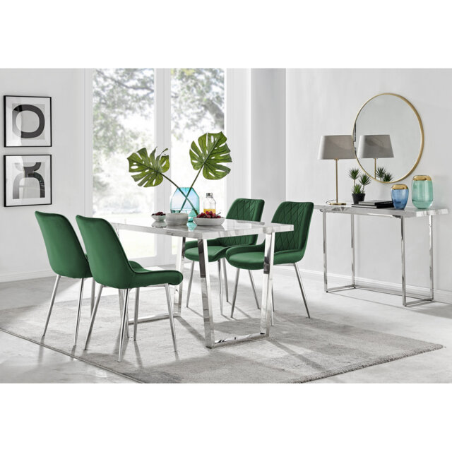 Kylooe Modern Marble Effect And Silver Dining Table Set With 4 Luxury Velvet Dining Chairs