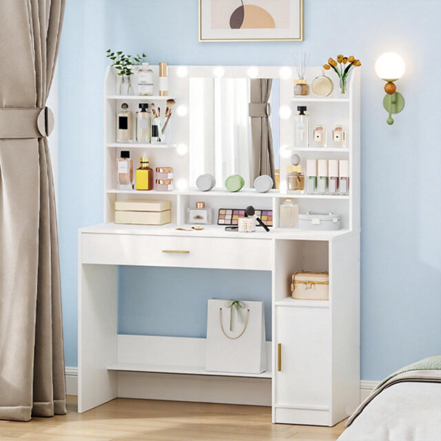 Dressing Table, Large Tabletop with Mirror, LED Light with Adjustable Brightness, Organiser Drawers and Storage Cabinets, Open Shelves, for Bedroom, C
