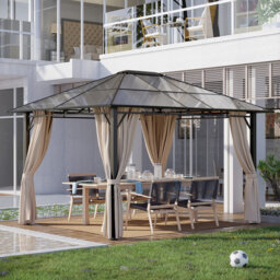 3.6 x 3m Outdoor Hardtop Gazebo with Polycarbonate Roof, Black Steel Frame, Beige Removable Privacy Curtains and Mosquito Netting for Patio Garden and