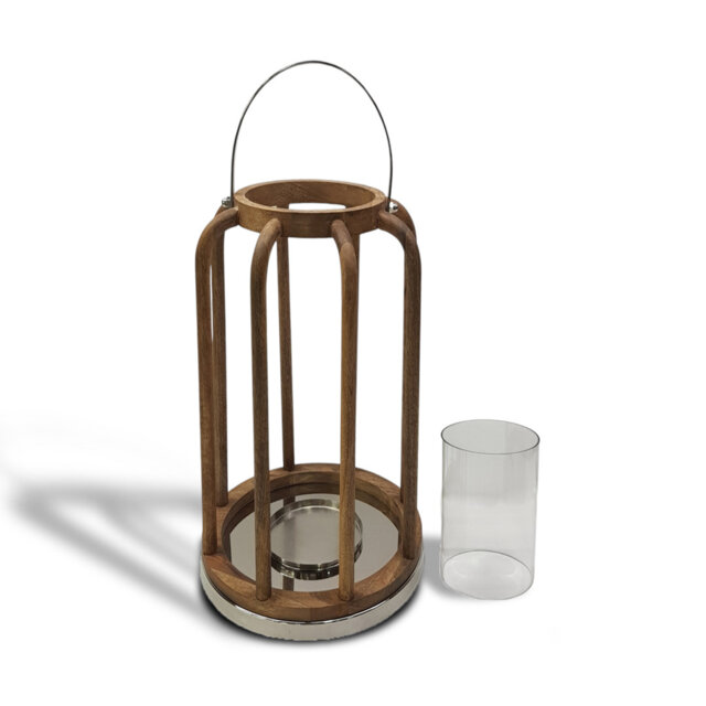 Mango Wood and Glass Lantern Candle Holder Ornament and Home Accessory in Nickel Plated Natural – 40cm Height