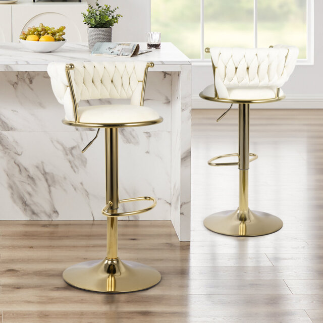 Adjustable Height Velvet Elegant Bar Stools with Gold Base