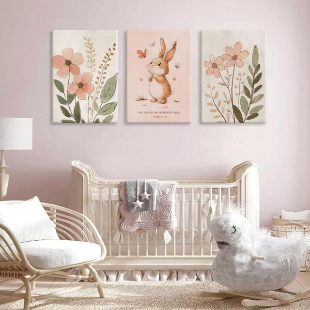 3Pcs Nursery Bunny Wall Art Christian Scripture Canvas Painting Cute Pink Bunny Botanical Flowers Wall Decor Nursery Posters For Kids Room Baby Room D