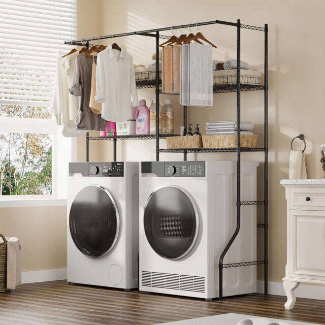 Over Washer Dryer Storage Shelves, 4 Tiers Adjustable Height Clothes Drying Rack, Heavy Duty Laundry Room Shelves with Hanger Rods & Hooks, Clothes Dr