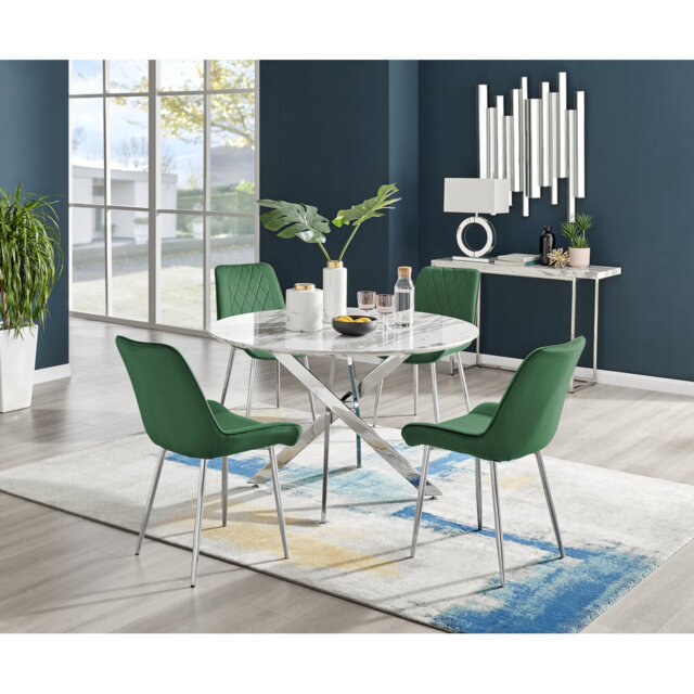 Tierra Modern Chrome Metal & Glass Round Dining Table Set with 4 Luxury Velvet Dining Chairs