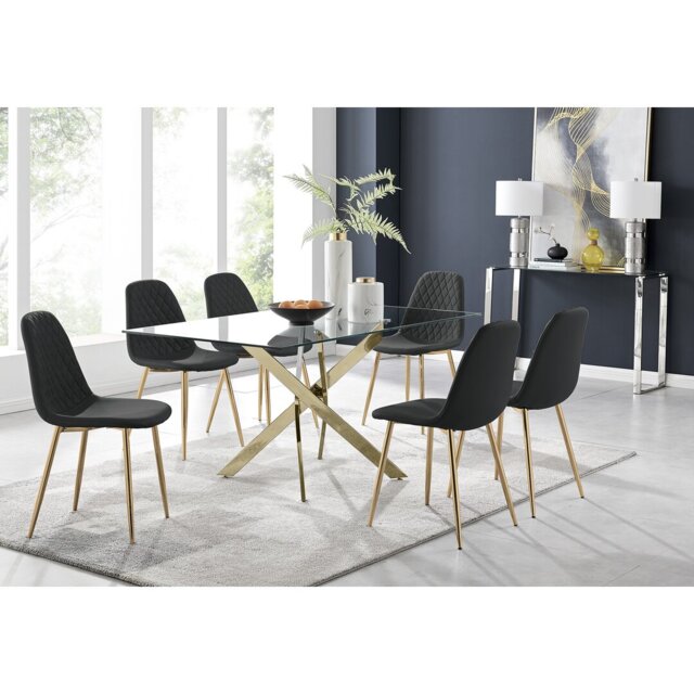 Lenworth Modern Metal and Glass Dining Table Set 6 Faux Leather Dining Chairs