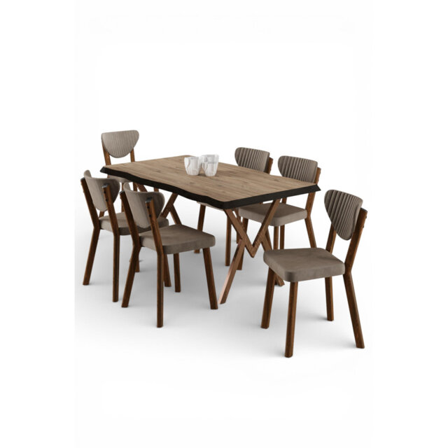 Akort Series Dining Set: 130x80 cm Lacquered Table & 6 Premium Babyface Fabric Chairs