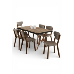 Akort Series Dining Set: 130x80 cm Lacquered Table & 6 Premium Babyface Fabric Chairs