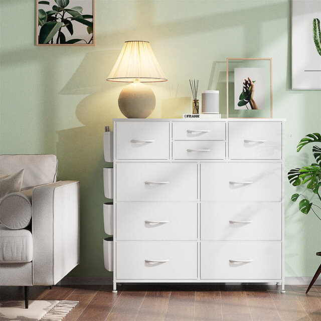 Tall Chest Of Drawers Bedroom, 10 Fabric Drawers Dresser With Side Pockets And Hooks, Wooden Top And Metal Frame, Storage Drawers For Closet, Living R