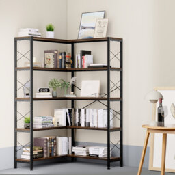 5-Shelf Corner Bookcase, Vintage Industrial Corner Bookcase Etagere Bookcase, Large Bookcase with Metal Frame Open Storage Corner Cabinet